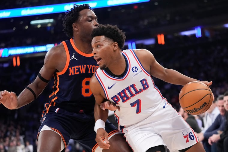 Sixers guard Kyle Lowry (7) drives against New York Knicks forward OG Anunoby during the first half of their loss at Madison Square Garden, 106-79.