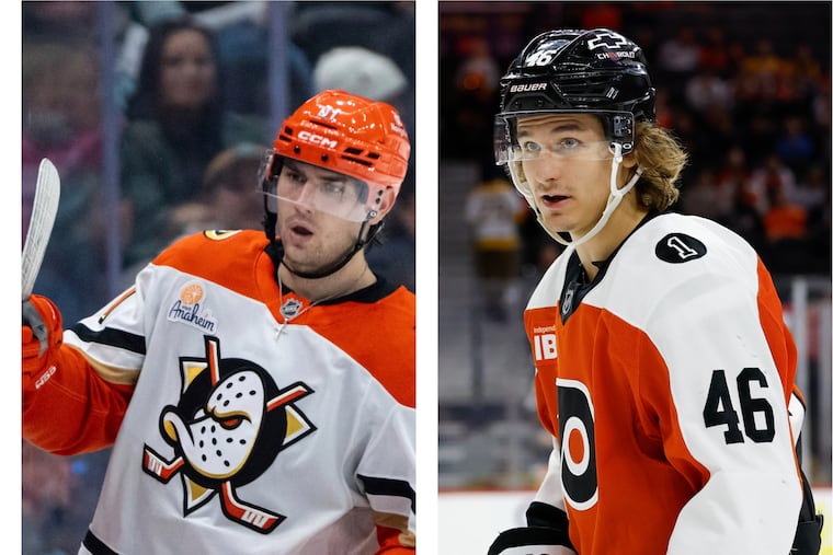 Cutter Gauthier, left, and Trevor Zegras will both be playing against their old teams on Tuesday night.