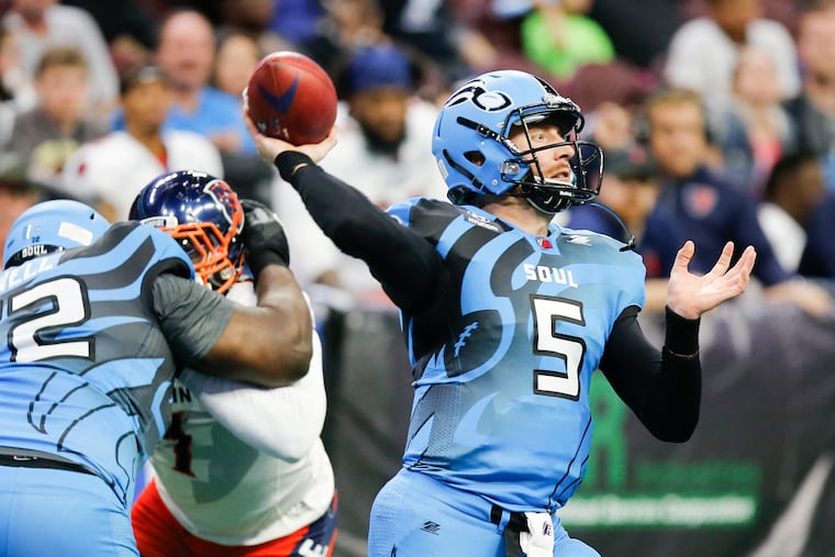 Soul quarterback Dan Raudabaugh passes the football against the Albany Empire on Saturday, May 11, 2019 in Philadelphia.