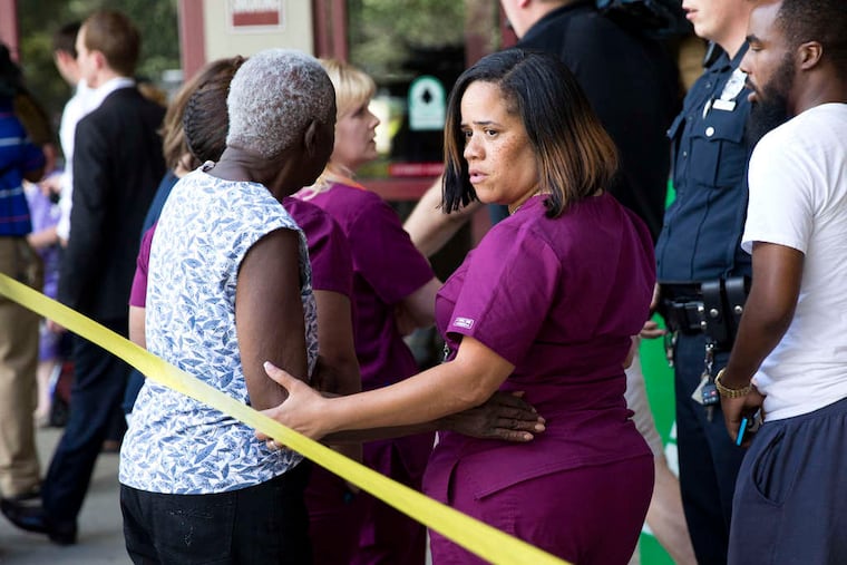The scene near Mercy Fitzgerald Hospital in Darby. Doctors are sometimes limited in how they can treat their patients.