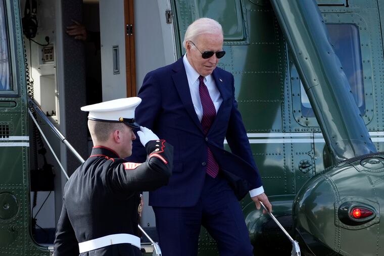 President Joe Biden arrives on Marine One to attend a fundraiser in San Francisco on Wednesday, Feb. 21, 2024.