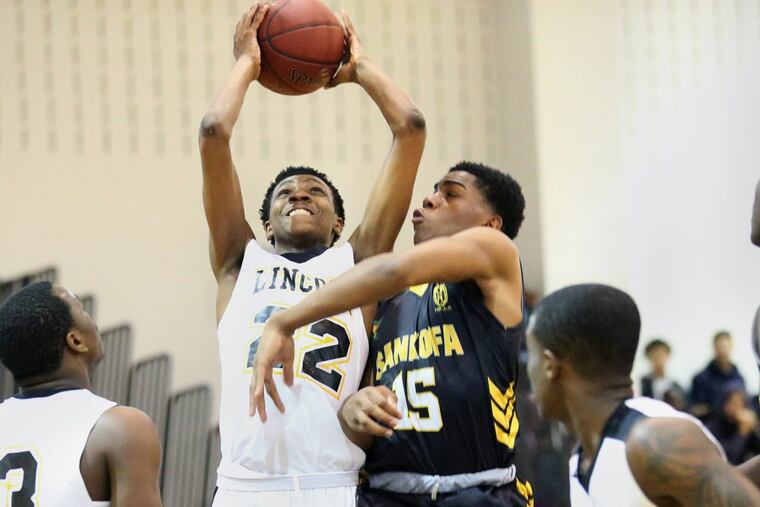 Lincoln's Tyree Corbett shoots past Sankofa's Jiair Ballard-West.