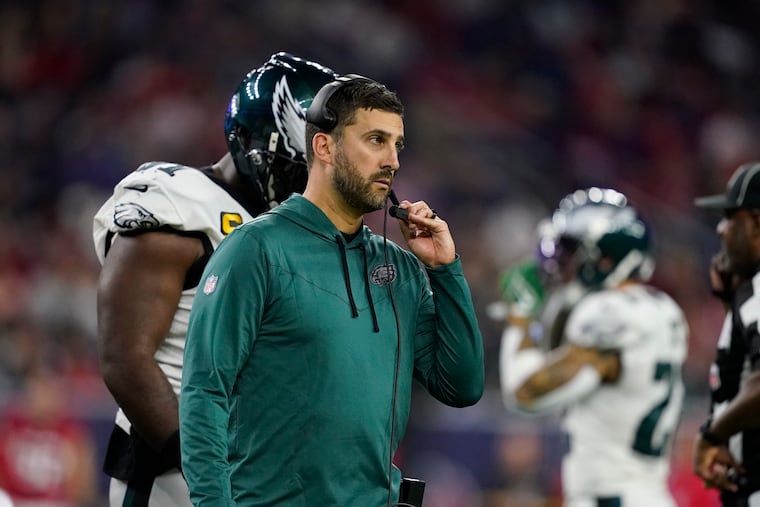 Philadelphia Eagles head coach Nick Sirianni walks on the sideline during an injury timeout in the first half of an NFL football game against the Houston Texans in Houston, Thursday, Nov. 3, 2022. (AP Photo/Tony Gutierrez)