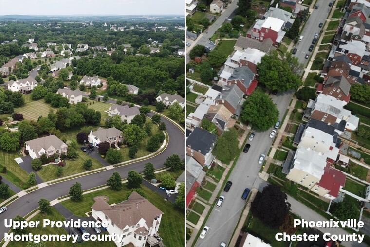 Just a few miles apart, Upper Providence (Montgomery County, left) and Phoenixville (Chester County, right) have both grown in population. But different families are moving in. New homes in Upper Providence are larger, surrounded by more space; younger families are moving into denser, smaller homes in Phoenixville.