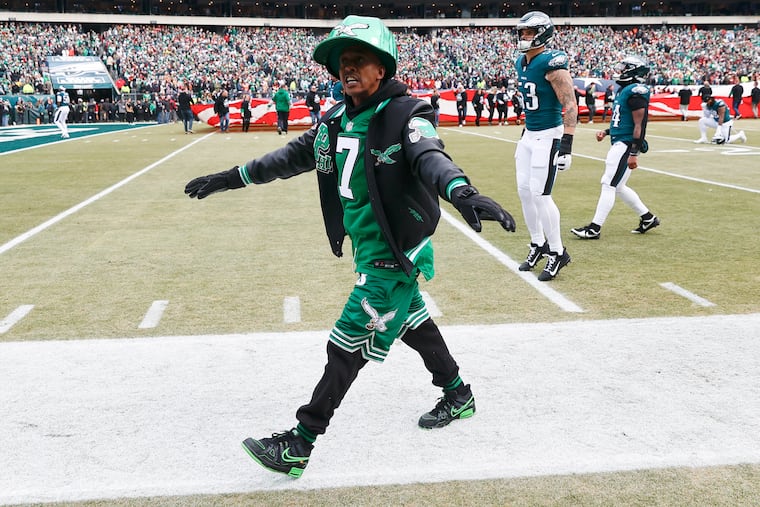 Gillie Da King cheers before the Eagles played the Washington Commanders in the NFC Championship game on Sunday, Jan. 26, 2025 in Philadelphia.