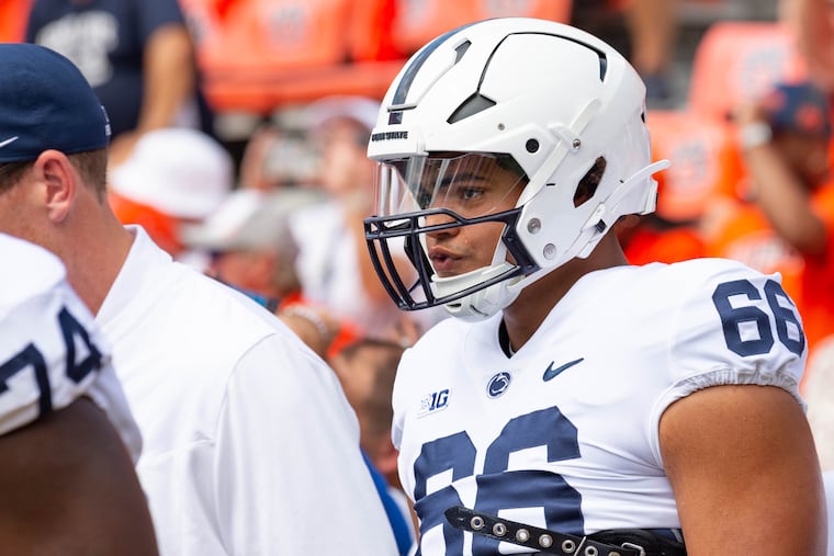 Penn State offensive lineman Drew Shelton warms up before the Nittany Lions' game against Auburn on Sept. 17. Penn State won, 41-12.