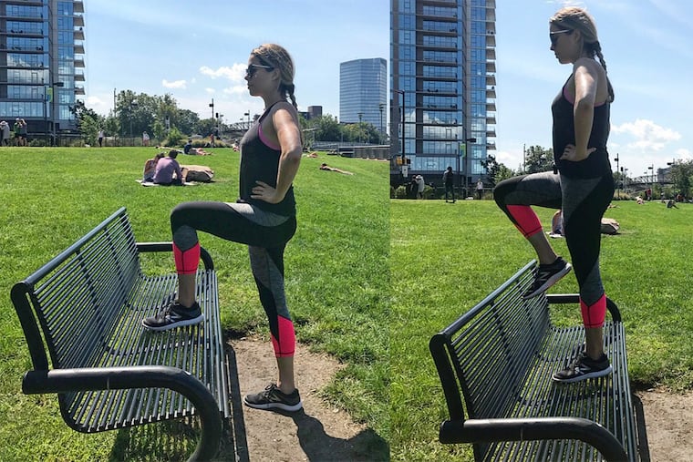 Take your workout to the Schuylkill River Trail with such exercises as Step-Ups, using only a bench.