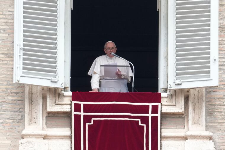 Pope Francis. shown delivering his message from his studio window overlooking St. Peter's Square during the Regina Coeli prayer at the Vatican on Sunday.