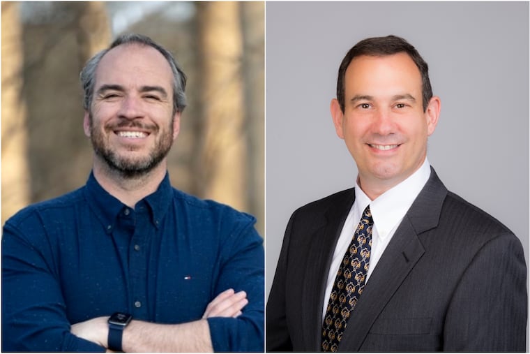 Pennridge School Board member Bradley Merkl-Gump (left), and Mark Pinsley, the Lehigh County Controller, are competing in the Democratic primary in the 16th state Senate district.