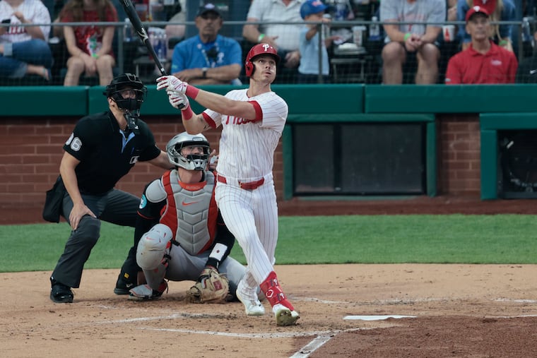 Phillies outfielder Max Kepler watches his second-inning two-run homer, his 12th of the season.