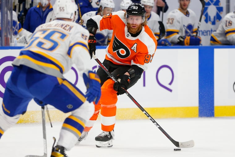 Jakub Voracek, playing in his first game since coming off the COVID-19 protocol list, looks to make a pass during the first period at Buffalo.