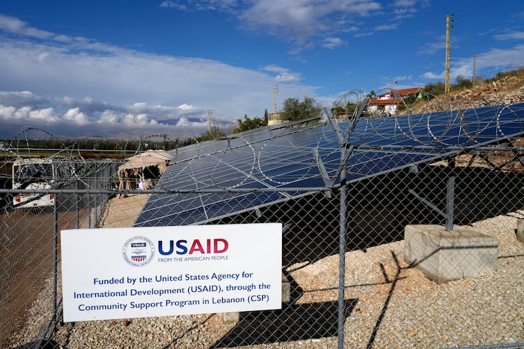 A solar panels system funded by the United States Agency for International Development are seen in the Lebanese-Syrian border town of Majdal Anjar, eastern Bekaa valley, Lebanon, on Nov. 9, 2022.