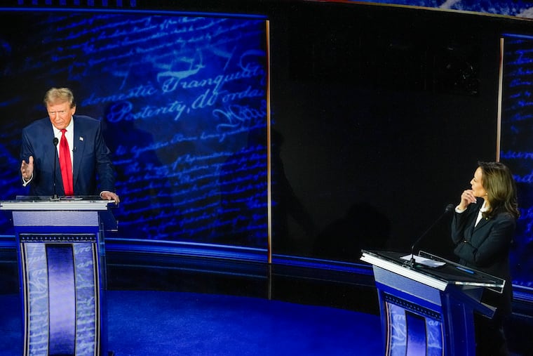 Republican presidential nominee former President Donald Trump and Democratic presidential nominee Vice President Kamala Harris participate during an ABC News presidential debate at the National Constitution Center in Philadelphia Tuesday.