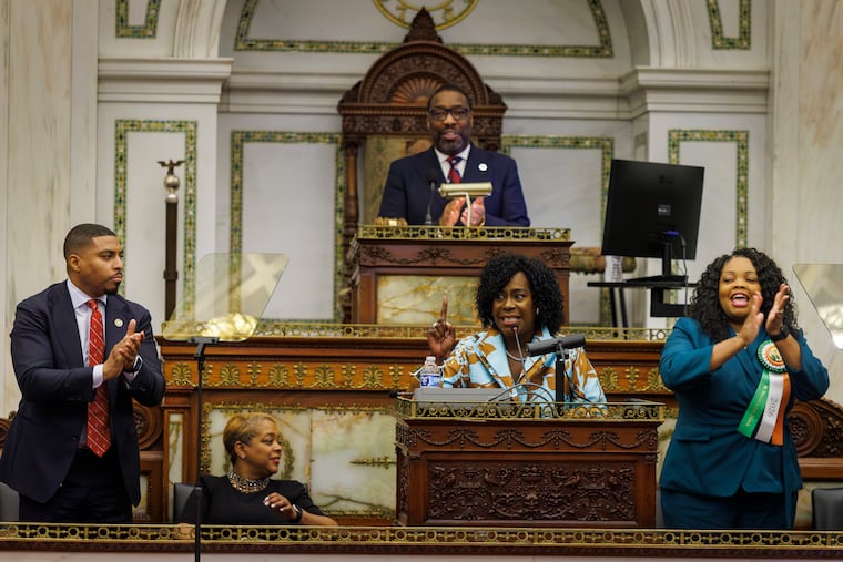 Philadelphia Mayor Cherelle L. Parker is cheered by members of Philadelphia City Council at conclusion of her budget address, Thursday, March 12, 2026.