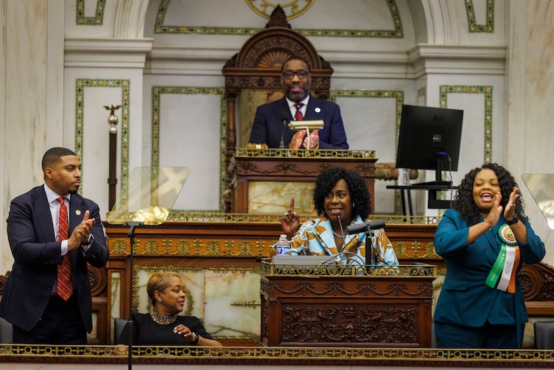 Philadelphia Mayor Cherelle L. Parker is cheered by members of Philadelphia City Council at conclusion of her budget address, Thursday, March 12, 2026.