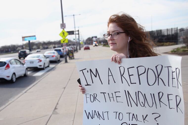 Philadelphia Inquirer reporter Ellie Silverman covers the coronavirus in March with a poster asking motorists waiting for tests to call or text her if they wanted to talk for a story. The Inquirer is one of several news organizations that received Lenfest Instiitute funding for its ongoing coverage of the coronavirus pandemic through the Philadelphia COVID-19 Community Information Fund.
Philadelphia Inquirer reporter Ellie Silverman covers the coronavirus in March with a poster asking motorists waiting for tests to call or text her if they wanted to talk for a story. The Inquirer is one of several news organizations that received Lenfest Instiitute funding for its ongoing coverage of the coronavirus pandemic through the Philadelphia COVID-19 Community Information Fund.