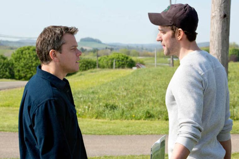 SRAPRO -- (l to r) Matt Damon stars as Steve Butker and John Krasinski stars as Dustin Noble in Gus Van Sant's Promised Land, a Focus Features release. Credit: Scott Green