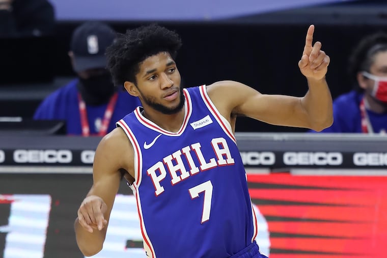 Isaiah Joe of the SIxers after hitting a 3-pointer against the Heat during the 2nd half of a NBA game at the Wells Fargo Center on Jan. 12, 2021.