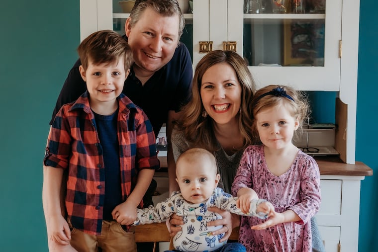 At the table where it all happened: a first-date conversation, Jake's proposal, and now, each night's family dinner. Jake and Meghan with kids (from left) Elliott, Augie, and Maeve.