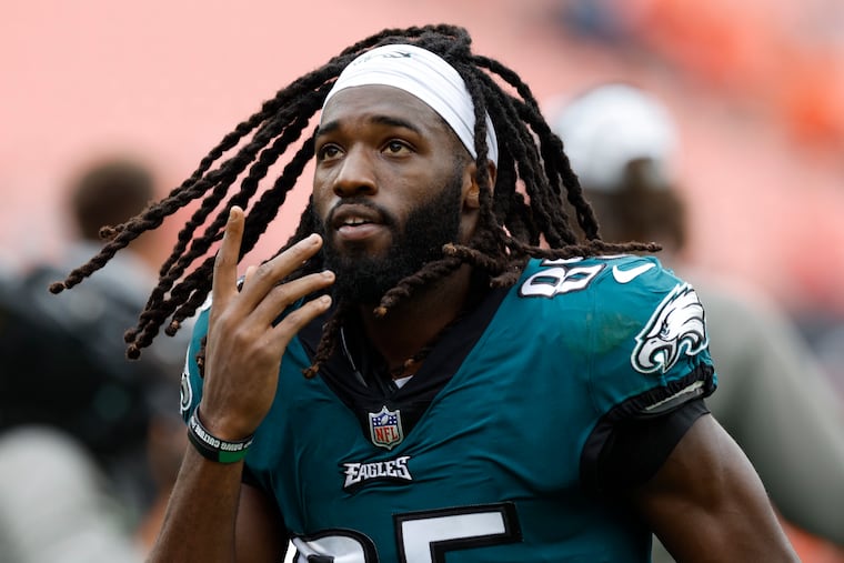 Philadelphia Eagles wide receiver Deon Cain (85) walks on the sideline after an NFL preseason football game against the Cleveland Browns in Cleveland, Sunday, Aug. 21, 2022. The Eagles won 21-20. (AP Photo/Ron Schwane)