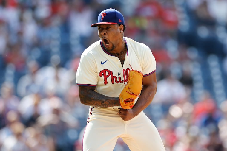 Phillies pitcher Gregory Soto yells after striking out Miami Marlins Bryan De La Cruz to end the eighth inning on June 30.