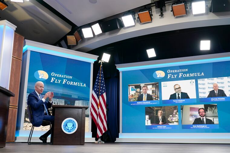 President Joe Biden meets virtually with infant formula manufacturers from the South Court Auditorium on the White House complex in Washington, Wednesday, June 1, 2022, as his administration works to ease nationwide shortages by importing foreign supplies and using the Defense Production Act to speed domestic production.