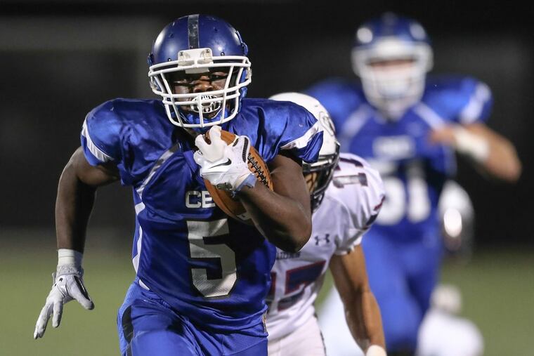 Conwell-Egan’s Patrick Garwo gaining yardage against Cardinal O’Hara last October.