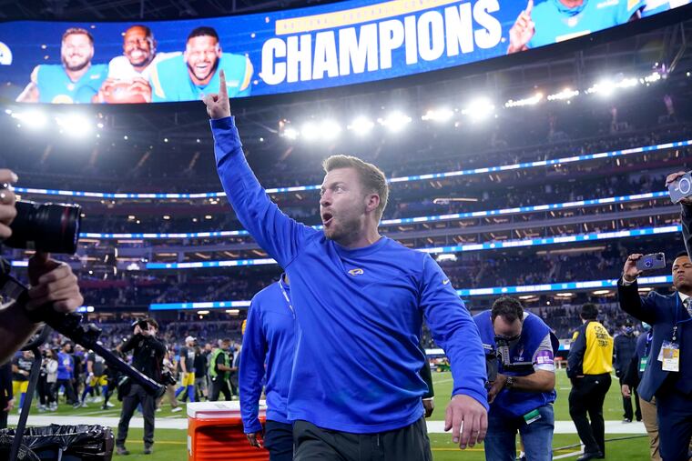 Los Angeles Rams head coach Sean McVay celebrates after the NFC Championship NFL football game against the San Francisco 49ers Sunday, Jan. 30, 2022, in Inglewood, Calif. The Rams won 20-17 to advance to the Super Bowl. (AP Photo/Marcio Jose Sanchez)