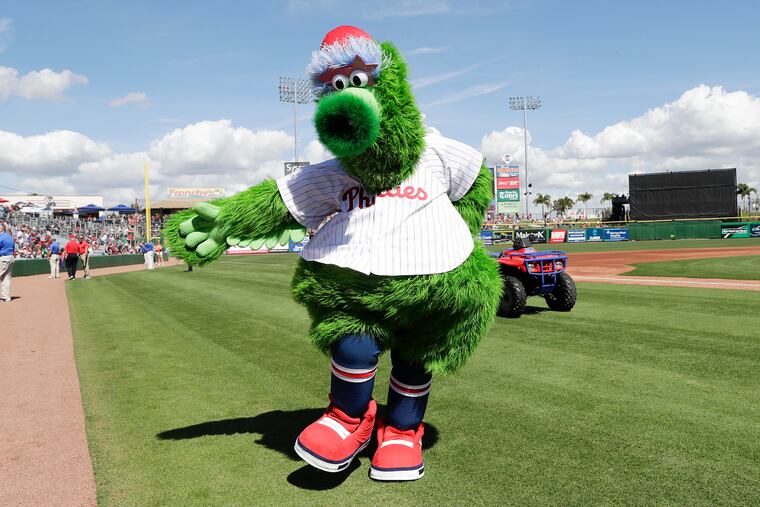 The Phillie Phanatic before the Phillies play the Pittsburgh Pirates in a spring training game at Spectrum Field in Clearwater, Florida on Sunday.