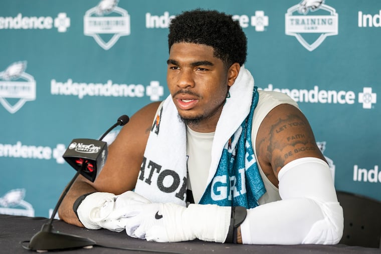 Jihaad Campbell speaks to the press after practice at the Eagles' training camp on July 26.