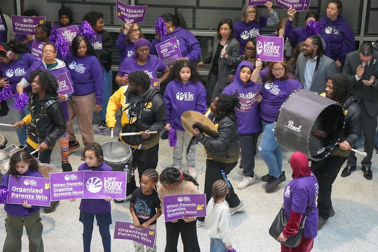 Parents, students and staff dance to the music of Mad Beatz Philly youth drumline, after a press conference celebrating the wellness policy / joy campaign at the school district building, in Philadelphia, PA, March 2, 2026.