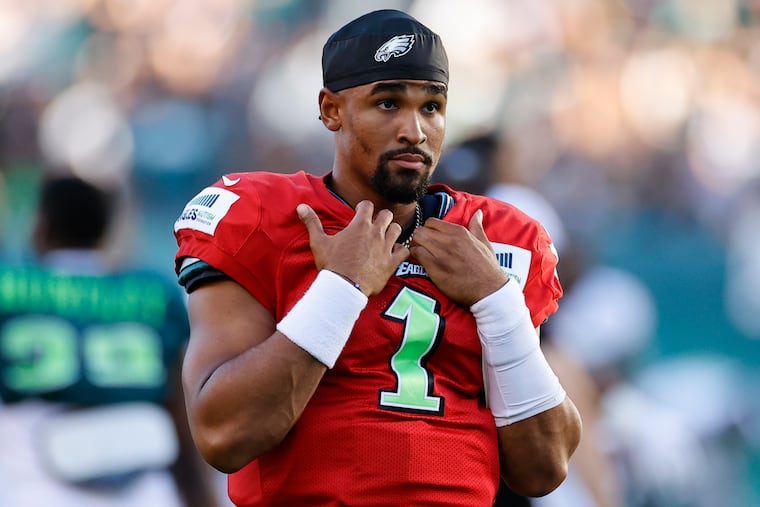 Eagles quarterback Jalen Hurts during open practice at Lincoln Financial Field on Sunday.
