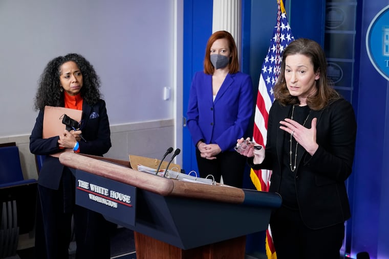 Gender Policy Council co-chair Jennifer Klein, right, speaks alongside Julissa Reynoso, left, fellow co-chair and chief of staff to first lady Jill Biden, and White House press secretary Jen Psaki.