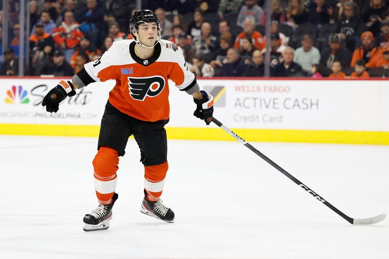 Flyers right wing Tyson Foerster on the ice against the Boston Bruins on Jan. 27.
