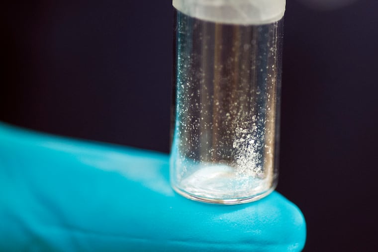 A vial containing 2 mg of fentanyl, which will kill a human if ingested into the body, is displayed at the Drug Enforcement Administration (DEA) Special Testing and Research Laboratory in Sterling, Va.