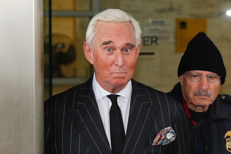 FILE - In this Feb. 1, 2019, file photo, Roger Stone leaves federal court in Washington.