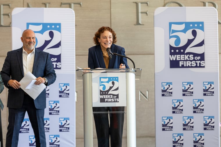 Jane Golden, Executive Director for Mural Arts Philadelphia, speaks at the announcement for the 52 Weeks of Firsts at the National Constitution Center in Philadelphia, on Thursday, Oct. 23, 2025.