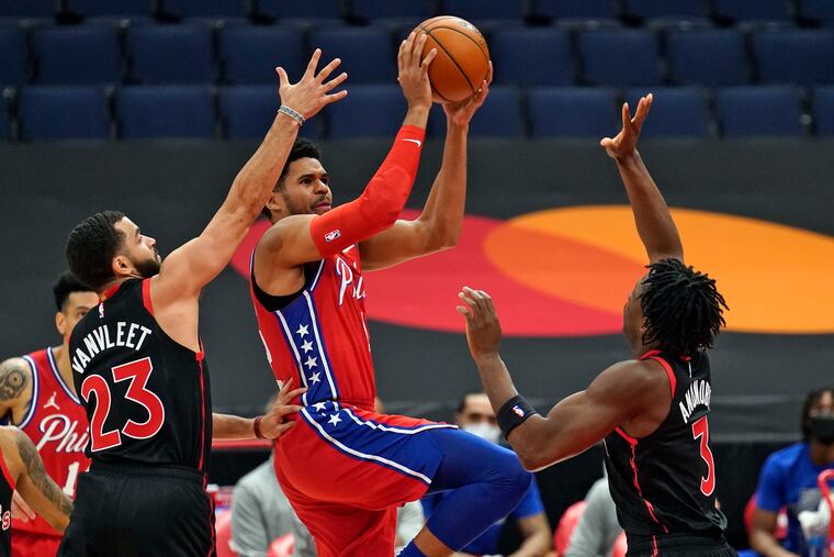 Tobias Harris going up to shoot in Sunday's game against Toronto.