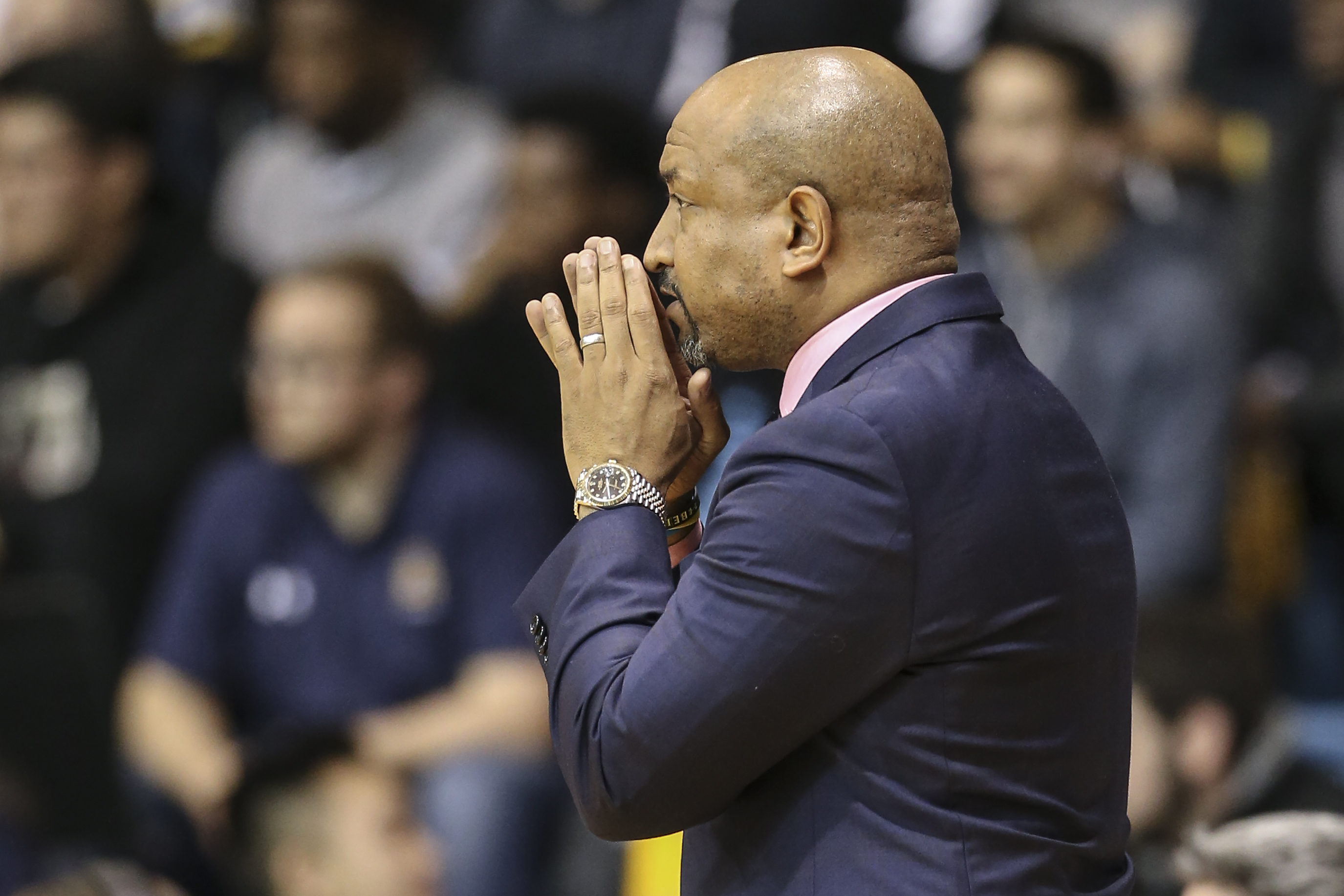 LaSalle's head coach Ashley Howard watches as his team plays Saint Louis' during the 2nd half at the Tom Gola Arena, TruMark Financial Center, Wednesday, January 29, 2020. Saint Louis beats LaSalle in Overtime 77-76.