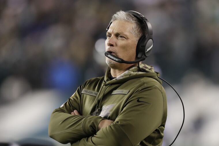 Eagles defensive coordinator Jim Schwartz against the Dallas Cowboys on Sunday, November 11, 2018 in Philadelphia. YONG KIM / Staff Photographer