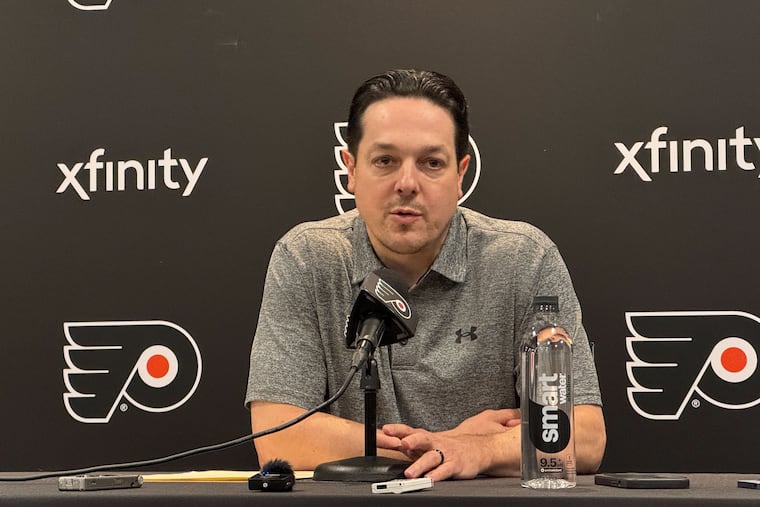 Flyers general manager Danny Brière speaks to the media Saturday after the conclusion of the 2024-25 season.
