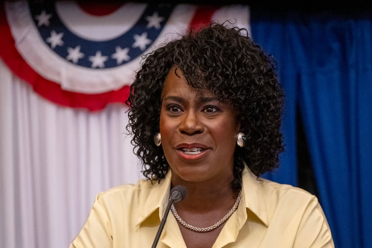 Mayor Cherelle L. Parker at speaks during a news conference in City Hall on June 4. A recent poll shows that Philadelphia residents report seeing significant progress on her major campaign promises.