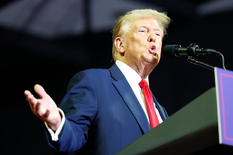 Republican presidential candidate former President Donald Trump talks to supporters during a campaign rally at Temple University on June 22, 2024.
