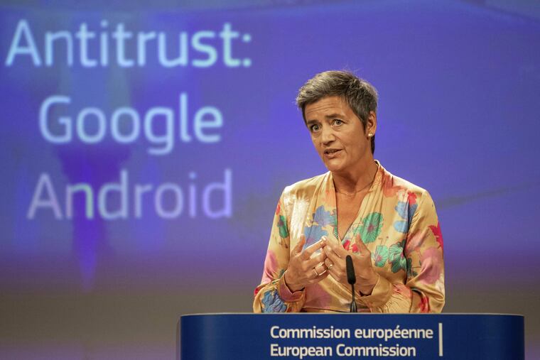 EU Commissioner Margrethe Vestager holds a press conference on a Competition Case involving Google Android at the European Commission building, in Brussels on Wednesday, July 18, 2018. he European Union's antitrust chief has fined Google a record $5 billion for abusing the market dominance of its Android mobile phone operating system.