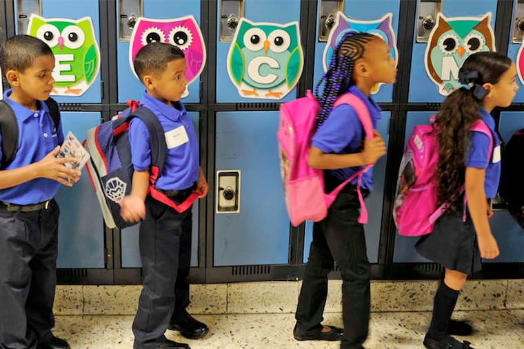 First graders line up on the first day of classes at North Camden Elementary, the city's first Mastery Charter School.