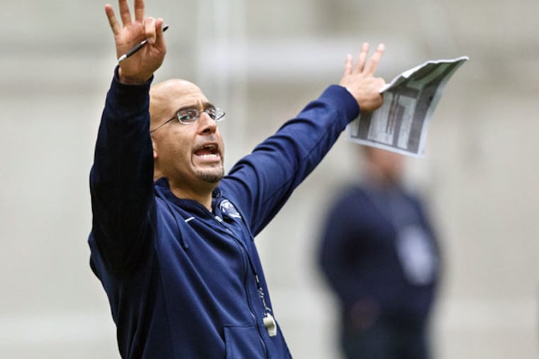 Penn State head coach James Franklin calls out a play during spring
football practice at Holuba Hall on Saturday, April 11, 2015. (Joe
Hermitt/PennLive.com via AP)