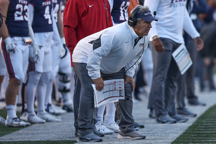 Penn head coach Ray Priore (center) will lead the Quakers into Bethlehem to face No. 10 Lehigh in FCS nonconference action on Saturday.