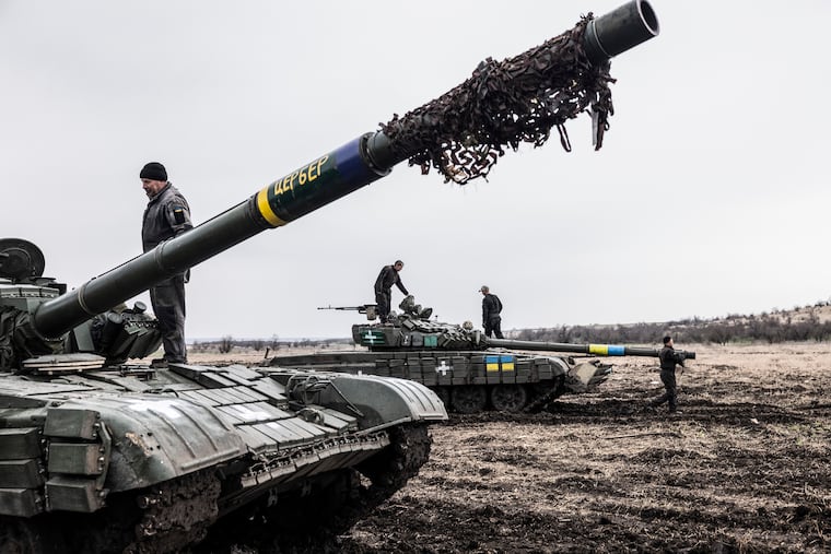Ukrainian forces during a training session with Soviet-era tanks in the Zaporizhzhia region last week. Leaked U.S. military documents show that without a major influx of munitions, the Ukrainian air defense system might collapse.