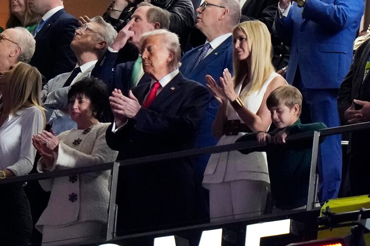 President Donald Trump, his daughter Ivanka Trump and Ivanka Trump's son Theodore watch from a suite prior to the NFL Super Bowl 59 football game between the Philadelphia Eagles and the Kansas City Chiefs, Sunday, Feb. 9, 2025, in New Orleans.
