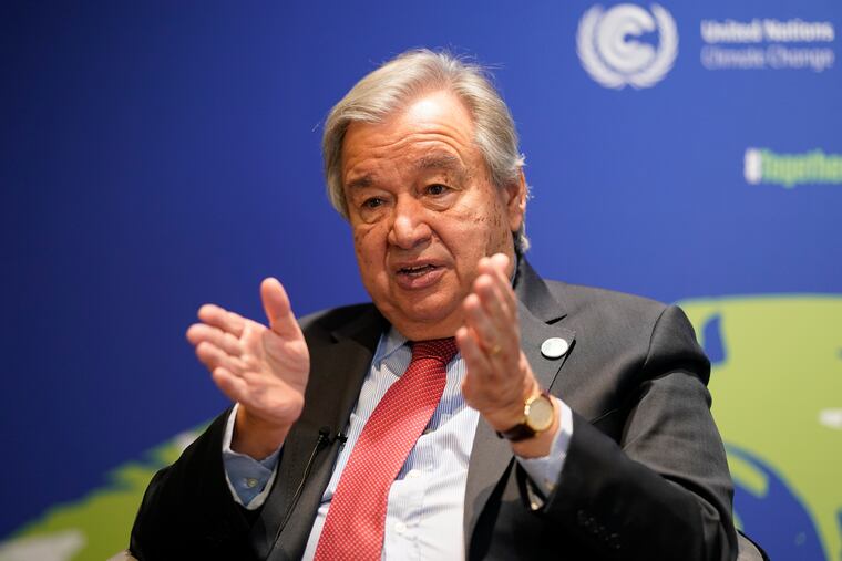 UN Secretary-General Antonio Guterres gestures during an interview at the COP26 U.N. Climate Summit in Glasgow, Scotland, on Thursday.